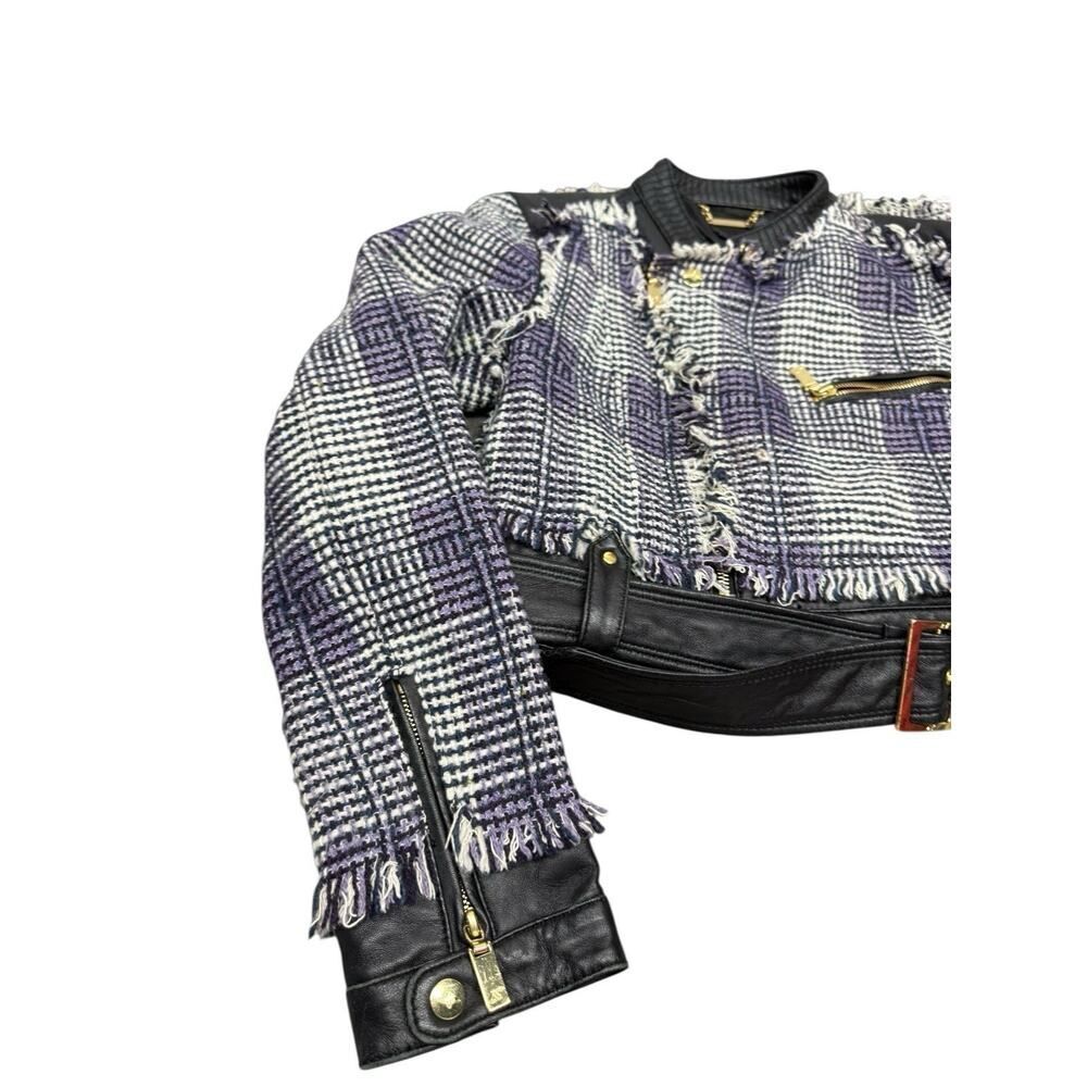 Apart Cropped Leather & Wool Blend Biker Jacket Fringe Trim sz 8 - Picture 4 of 15